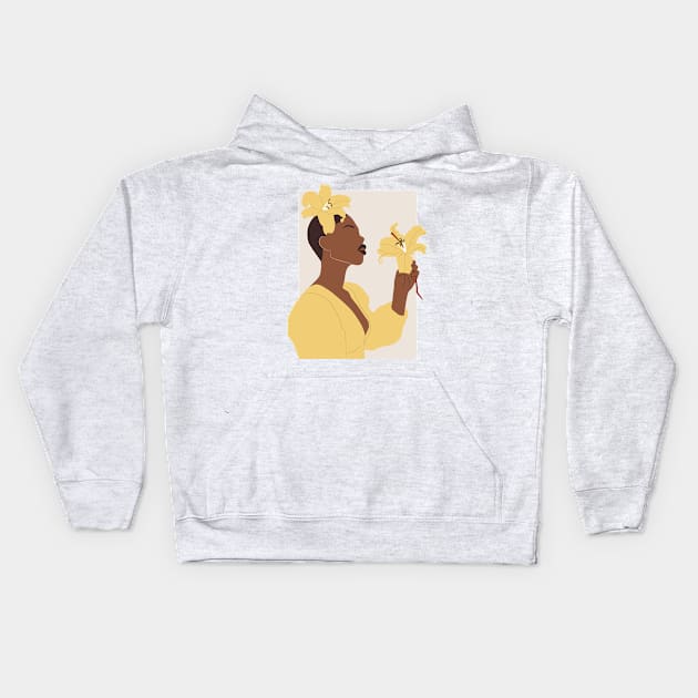 Black Woman Yellow Lily Kids Hoodie by JunkyDotCom